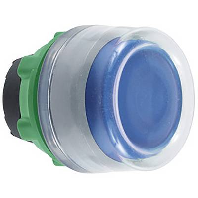 A large round push button, blue in the centre, surrounded by a green ring. The button has a transparent outer edge.