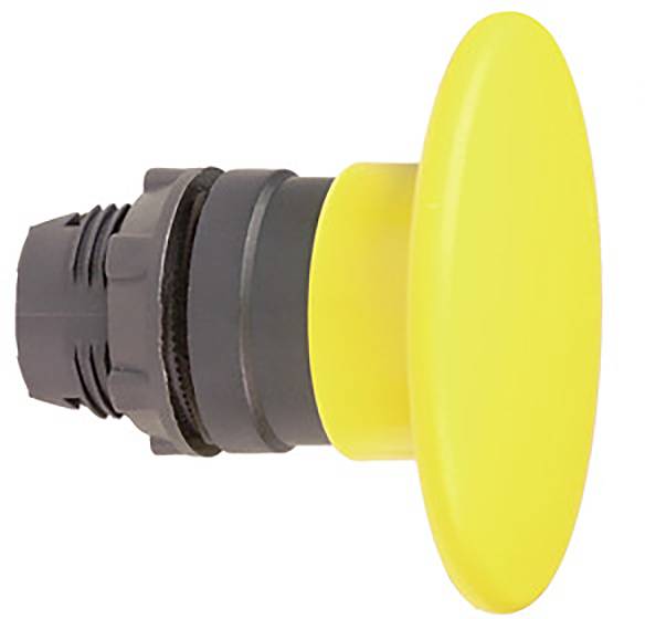 Yellow emergency stop button on a black mounting, used for immediate machine shutdown in emergency situations.