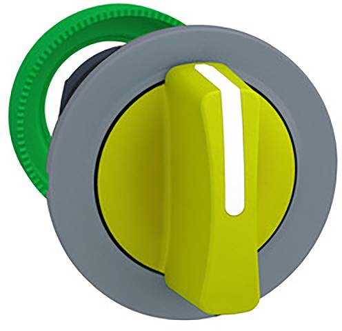 A large, round rocker switch in yellow and grey with a green ring. The switch is in the "On" position.