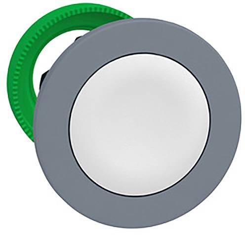 Round, grey-white button with a green cover on the back, serves as a push button in technical or electrical devices.
