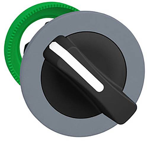 A grey switch rotary knob with a black handle is surrounded by a green ring. The handle points down to the right.