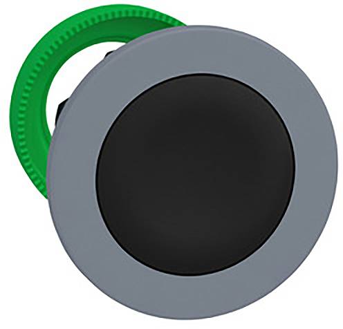 A round, grey button with a black centre and a green washer, possibly an electronic switch.