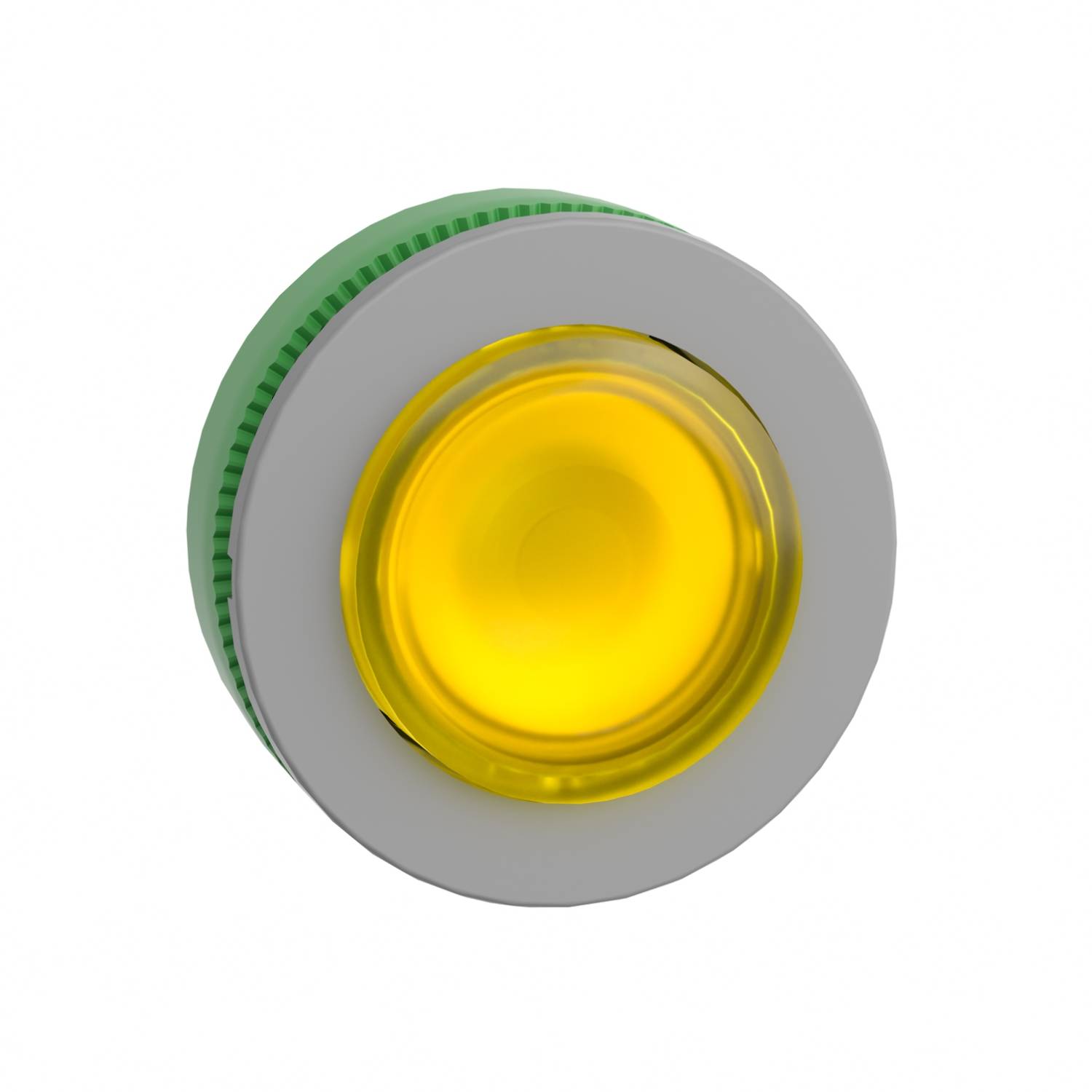 Yellow button with a green border on a white background, possibly part of a control panel or device, indicates operational activation.