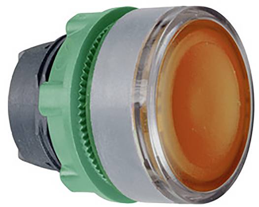 Orange button with a green ring, possibly part of a control panel or machine.