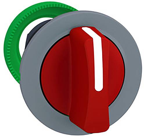 Red rotary switch with grey border and green ring. Set to Off position.