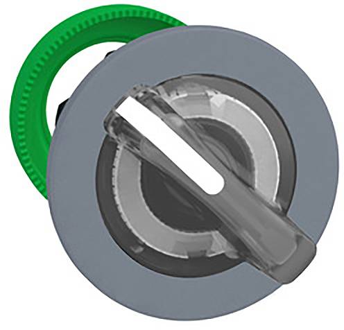 A round rotary knob with a grey surface and a green gear wheel in the background. The handle is aligned with the central point.
