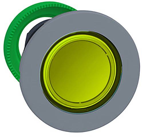 Green round button with grey border and green cogwheel behind it; potential emergency stop switch in machine control system.