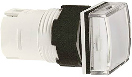 White push button with square head and black frame, suitable for industrial control applications.