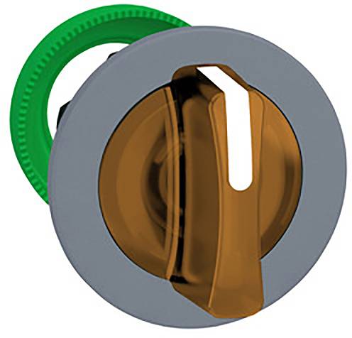 A round, grey valve with a brown lever in the centre. A green ring is visible in the background.