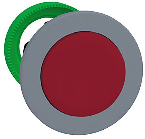 Red emergency stop button with grey border and green base, commonly used to quickly halt machines or processes in emergency situations.