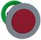 Red emergency stop button with grey border and green base, commonly used to quickly halt machines or processes in emergency situations.