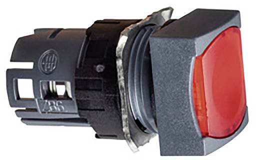 Red, square push-button switch in a plastic housing. Suitable for industrial controls and emergency stop switches.