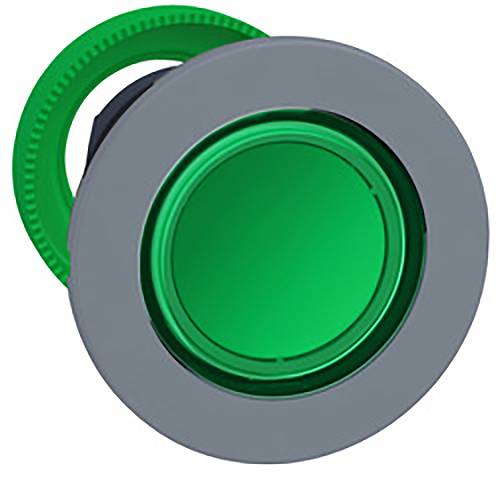Green round push button in a grey housing, suitable for industrial control applications.