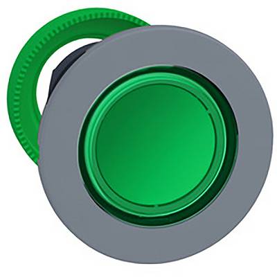 Green round push button in a grey housing, suitable for industrial control applications.