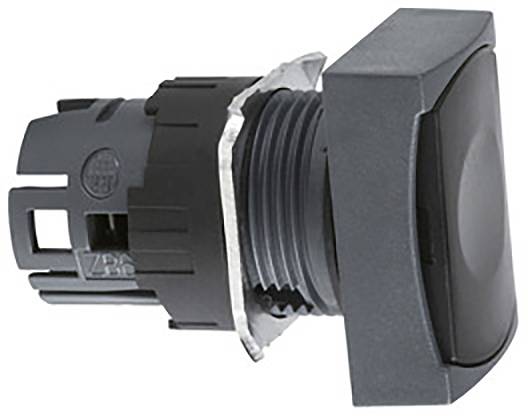 Black square push button with mounting insert and thread, suitable for electronic control applications.