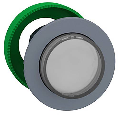 A grey round button with a green border, possibly a switch or control button, on a white background.