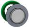 A grey round button with a green border, possibly a switch or control button, on a white background.