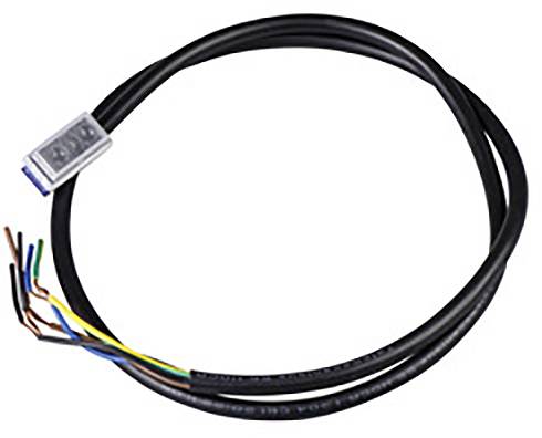 A black cable with stripped, coloured wires at one end and a silver connector at the other end.