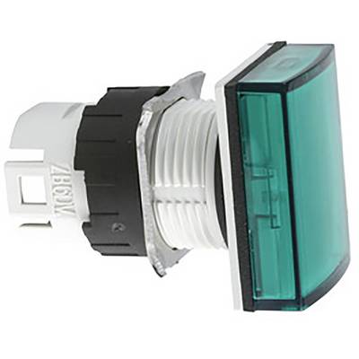A rectangular, green push-button switch with a black base and white connection, side view. Primarily used for control panels.