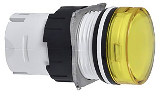 Yellow button on a white, cylindrical housing with a black ring, side view. Possible use: control or signalling.