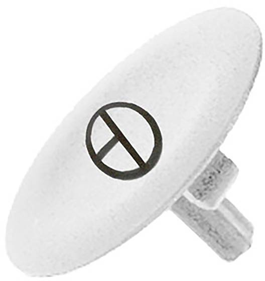 A white, oval plastic part with a black symbol in the centre.