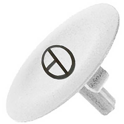 A white, oval plastic part with a black symbol in the centre.