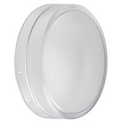 Round, transparent plastic lid, slightly domed. Used for covering or protecting contents in containers.