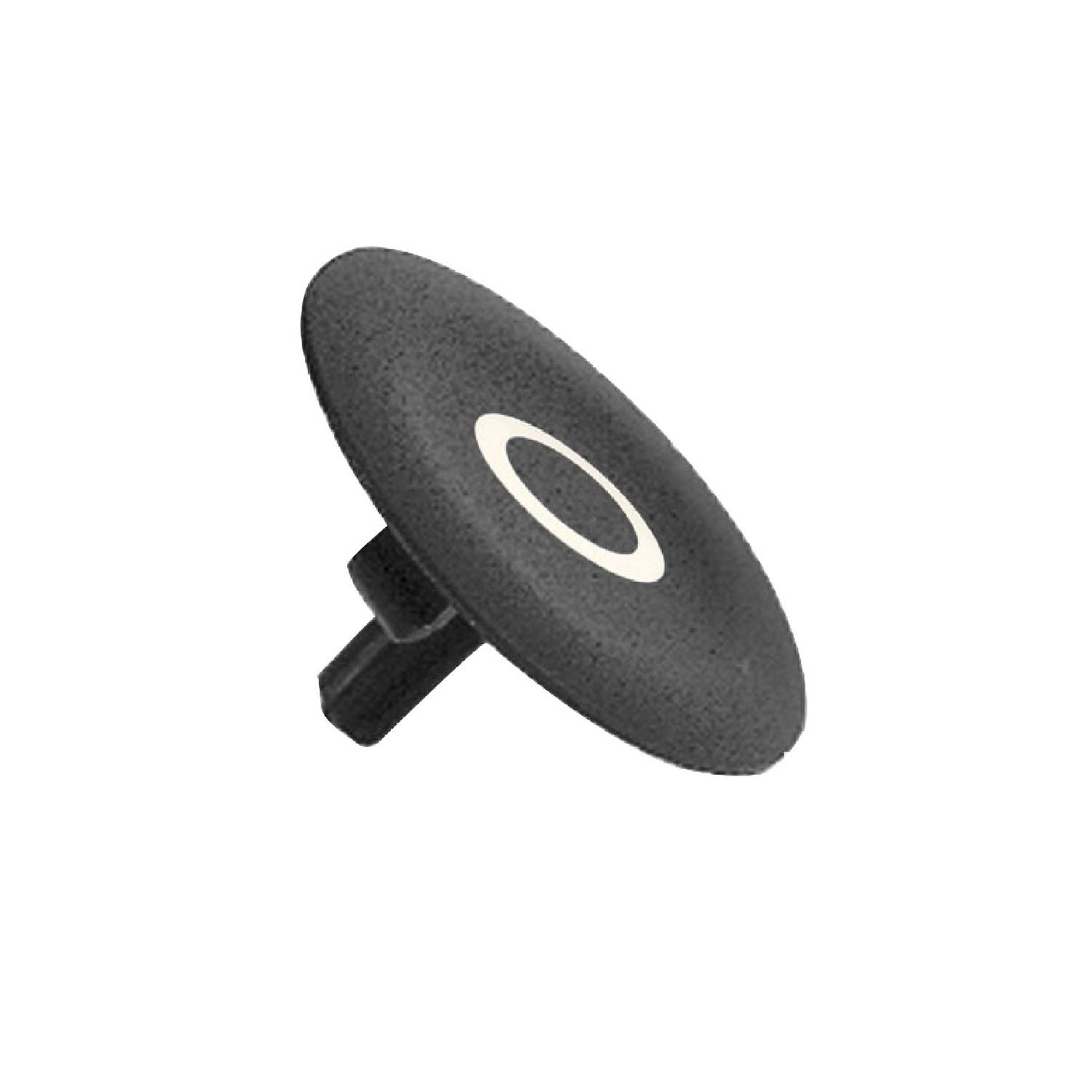 A black button with an indented ring, shown from the side. It has a short pin for attachment.