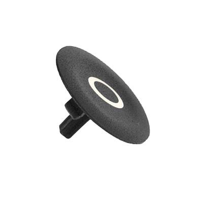 A black button with an indented ring, shown from the side. It has a short pin for attachment.