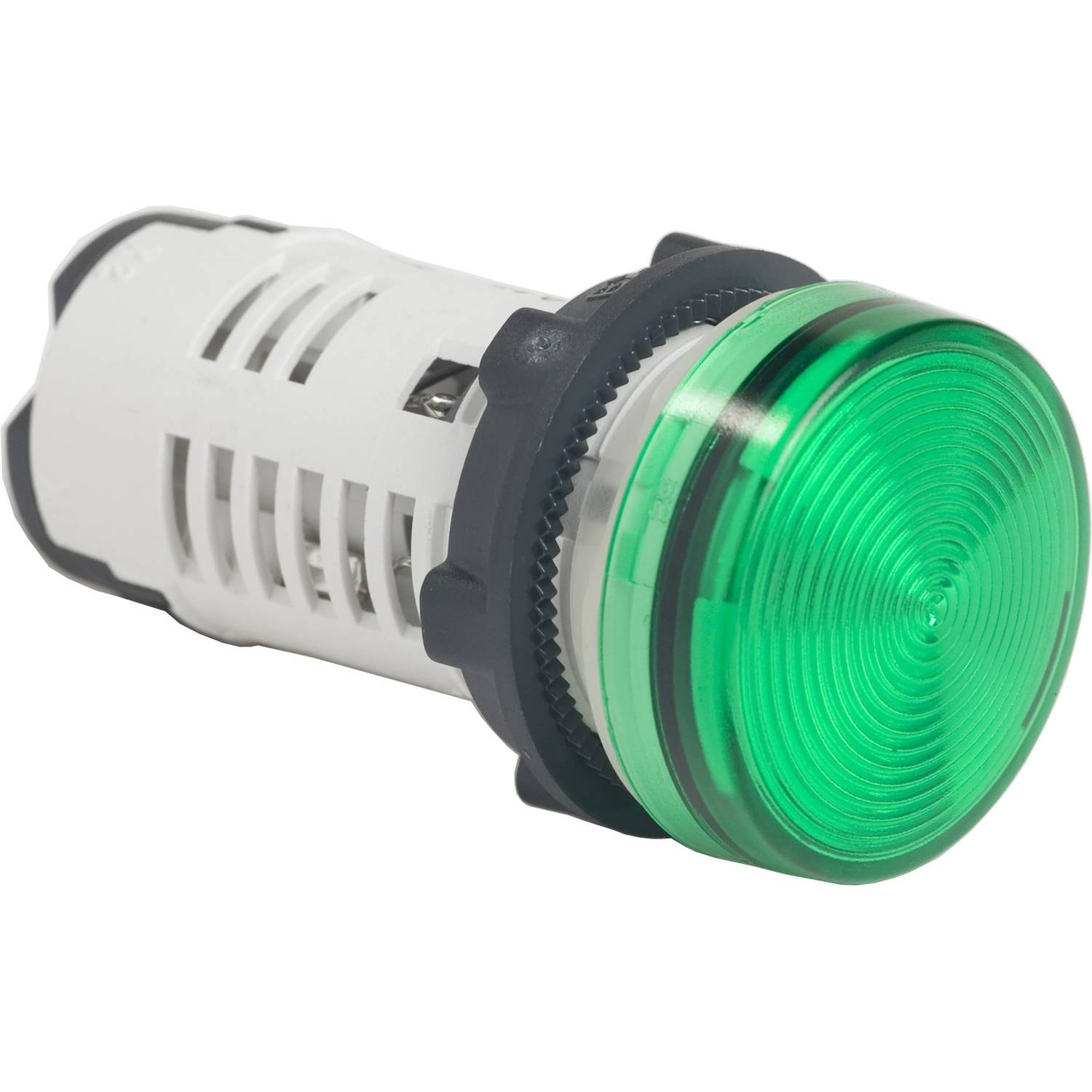 A green indicator light with a cylindrical base and ribbed lens.