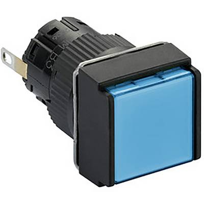 Black square push button with blue actuator. Suitable for electronic control or switching systems.