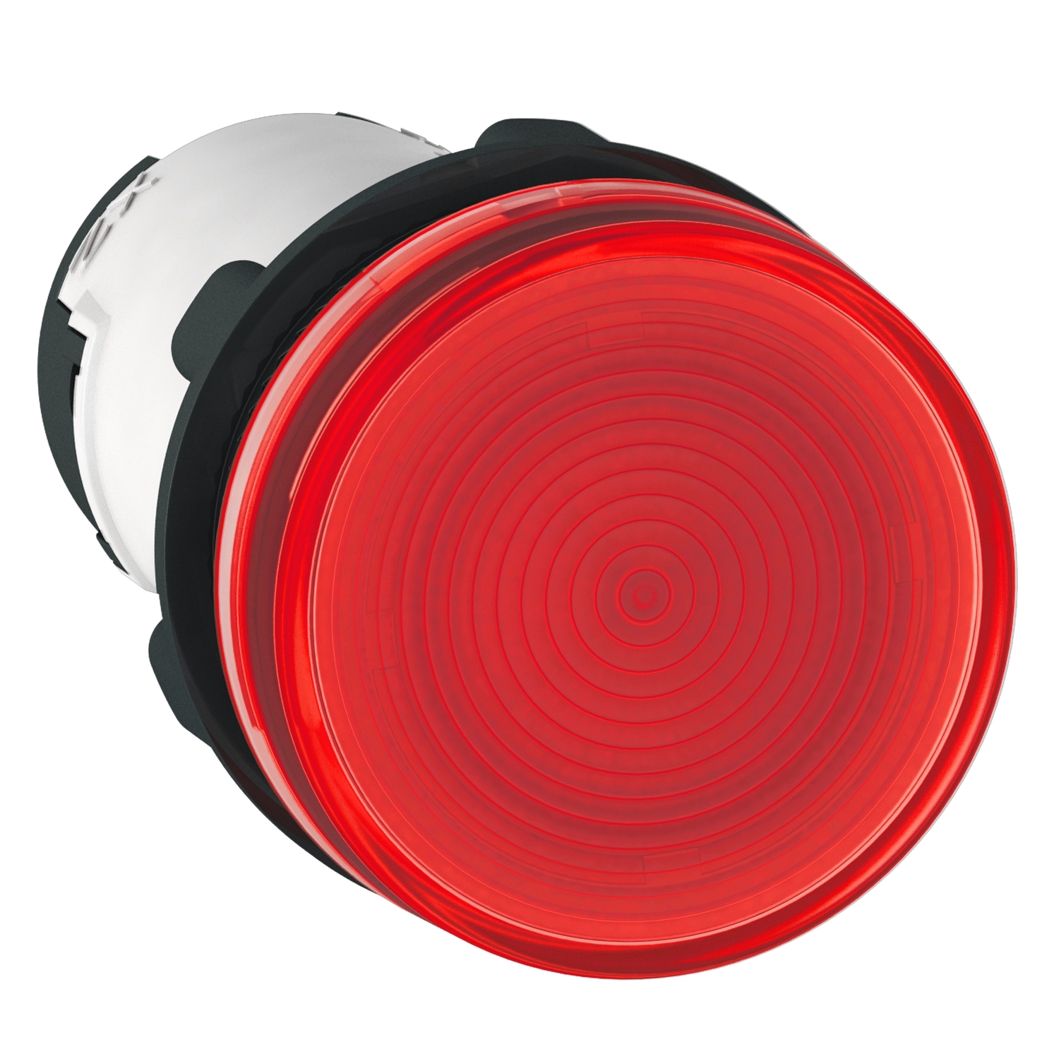 A large, round, red button in close-up. The button has concentric circles and is slightly domed inwards.