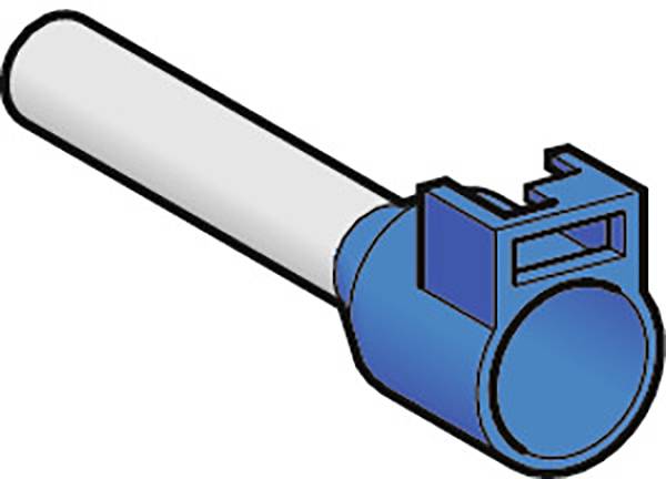 A blue cable shoe cable connection with a round end piece and a rectangular plug slot. Suitable for electrical connections.