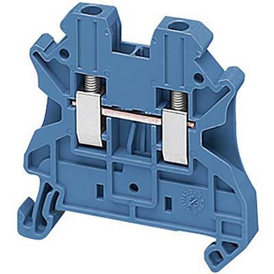 A blue electric terminal block with metal contacts in the centre, for wiring in control panels.