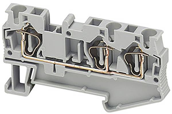 Grey plastic DIN rail terminal block with three connections and internal metal elements, used for electrical wiring.