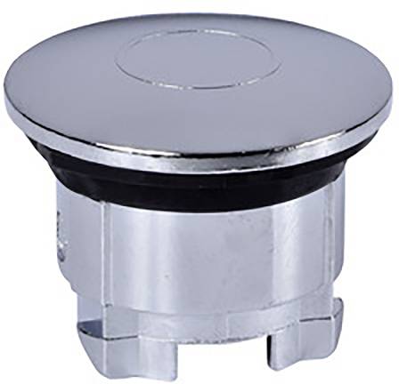 A silver-coloured round metal plug with a black ring, suitable for sink drains.