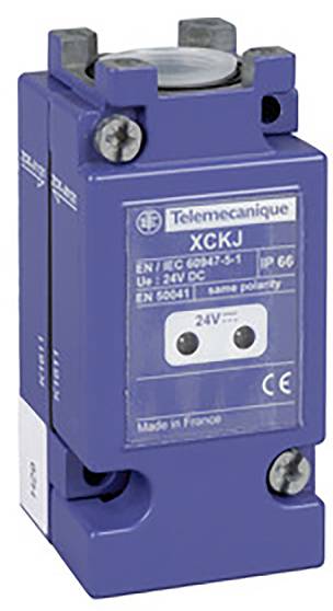 A blue limit switch from "Telemecanique" with the model number XCKJ. It indicates an IP66 protection rating and an operating voltage of 24V DC.