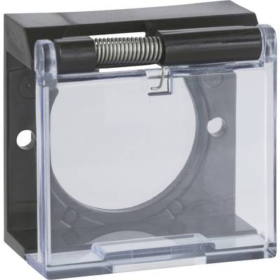 Electronic protective enclosure with spring hinge, rectangular. Transparent front cover, mounted on a black plastic frame.