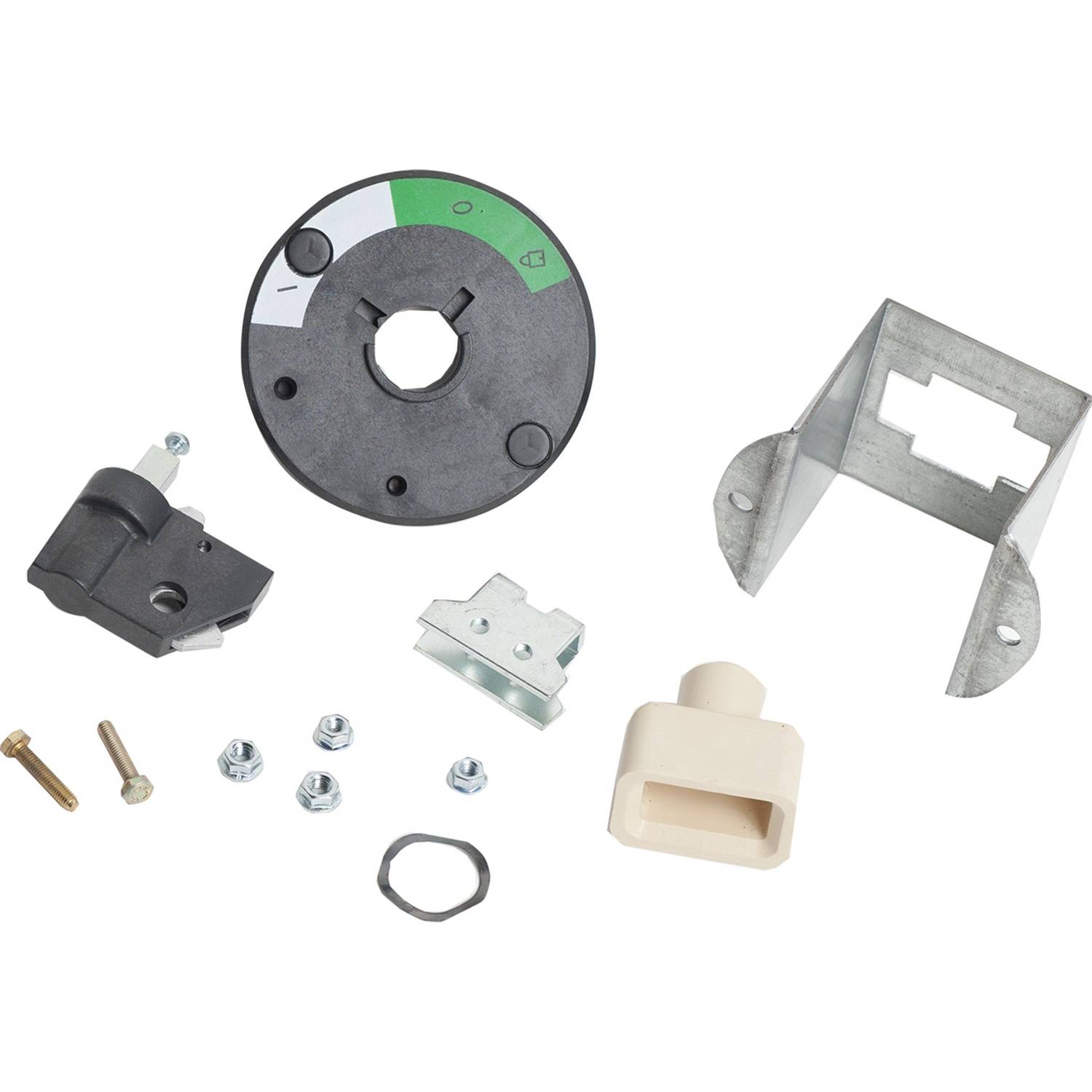 A set of various assembly parts, including a black wheel, screws, nuts, a beige bracket, and metal components, on a white background.