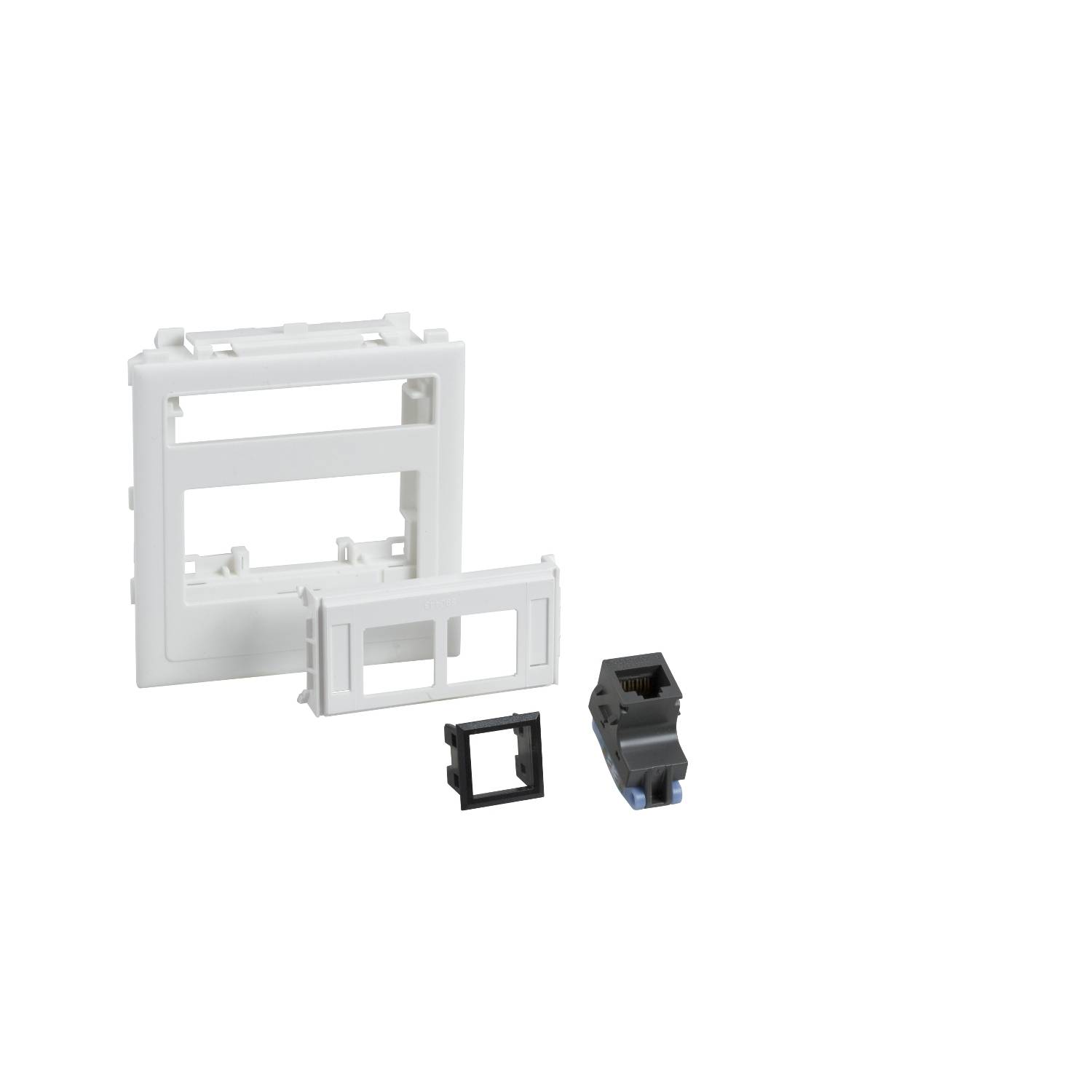 A modular plug-in system with various components in white and black, including a frame and a connection module.