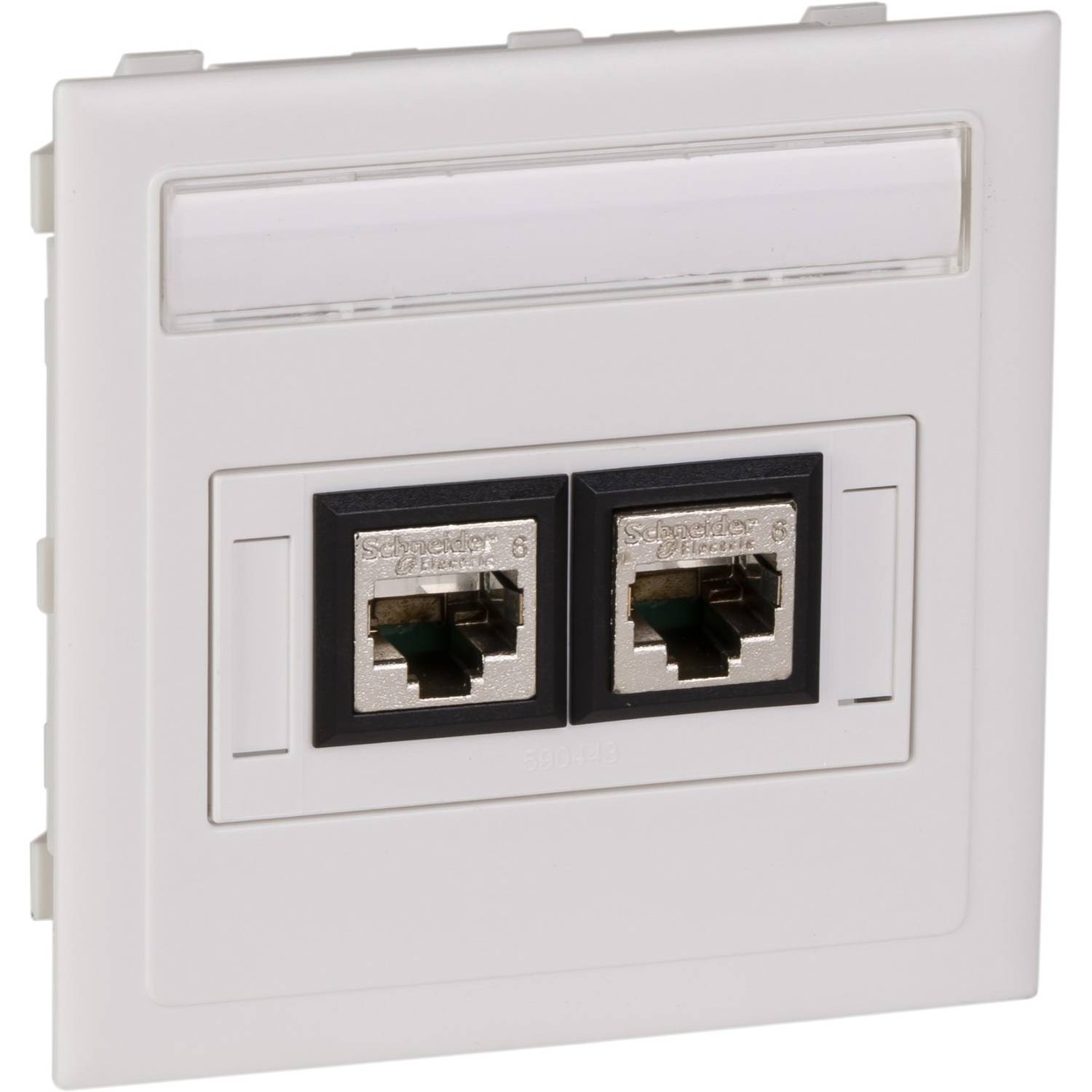 'Network socket with two RJ45 ports in white cover plate, suitable for Ethernet connections.'