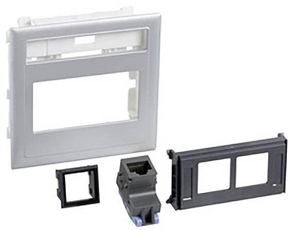 A set of mounting accessories for wall sockets, including a silver frame, black adapter, and an RJ45 socket.