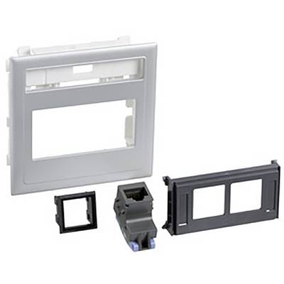 A set of mounting accessories for wall sockets, including a silver frame, black adapter, and an RJ45 socket.
