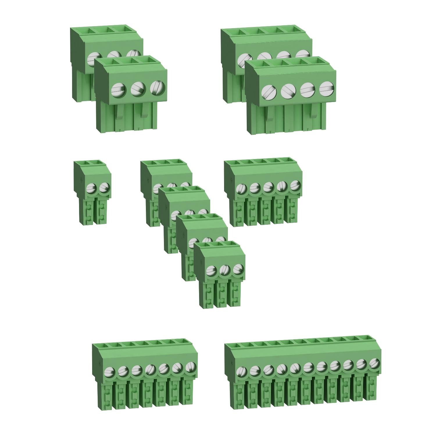 Various green plug-in terminal blocks in different sizes, suitable for electrical connections and circuit installations.