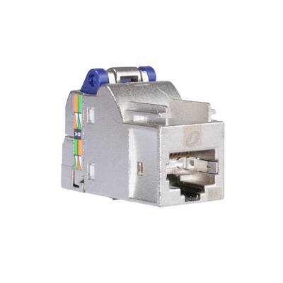 A silver network module with coloured cable connections, suitable for connecting Ethernet cables in a network setup.