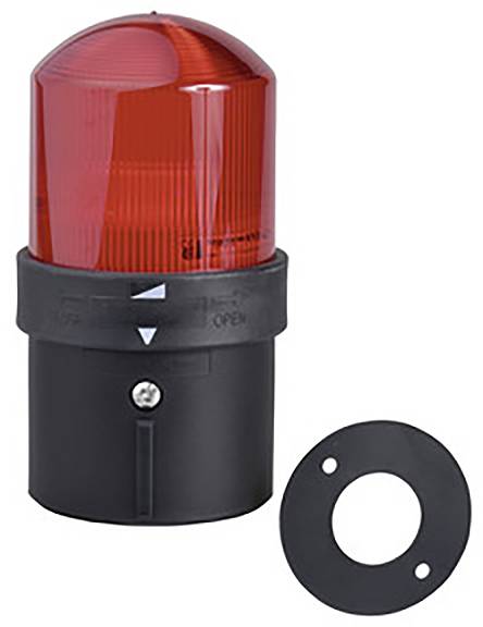 Red warning light with a black base, next to a round mounting element.
