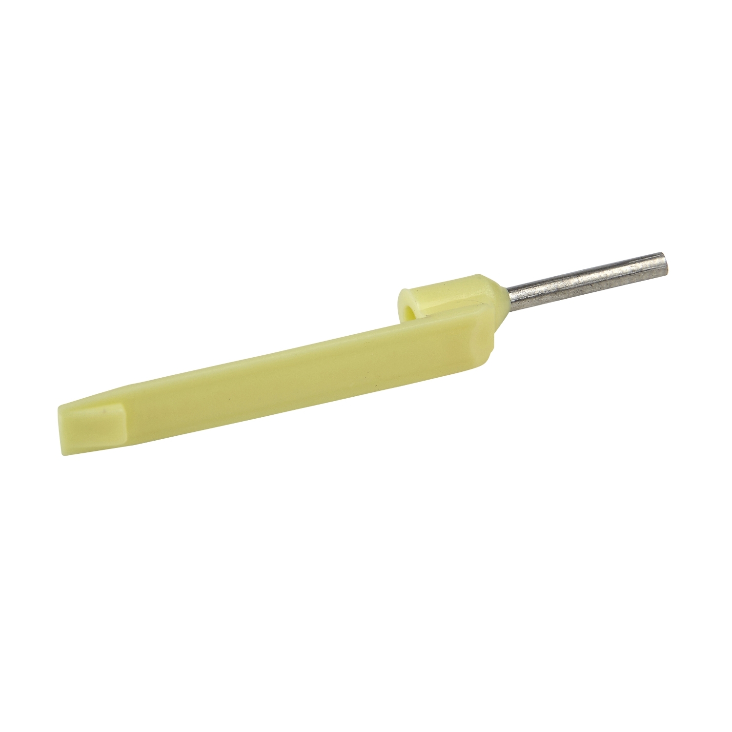 A yellow plastic tool with a metal pin at one end, presumably a precision instrument, set against a white background.