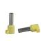 Two isolated metal cable end ferrules with yellow plastic sheathing, one standing upright, the other lying down, on a white background.