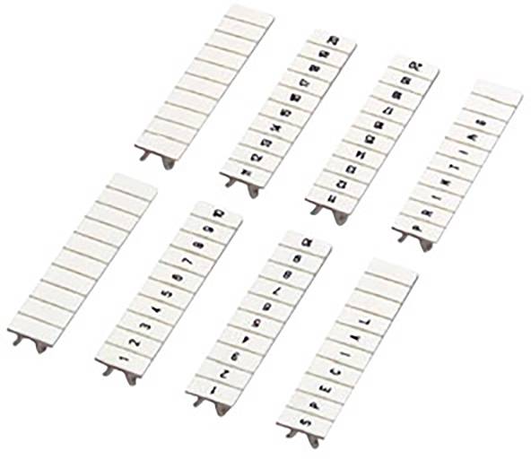 White cable markers with letters and numbers for cable identification and organisation, divided into strips.