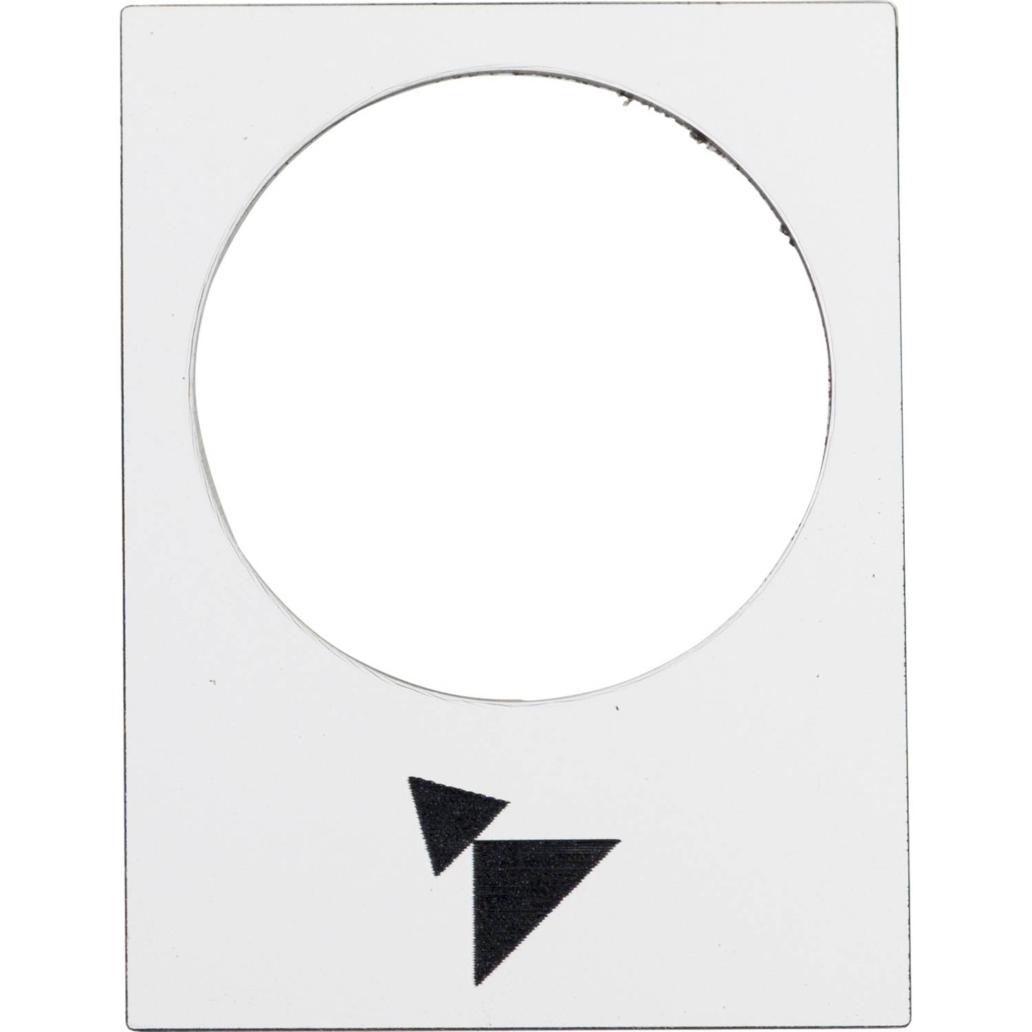 White square card with a large round cut-out in the centre and two black triangles in the bottom left corner.